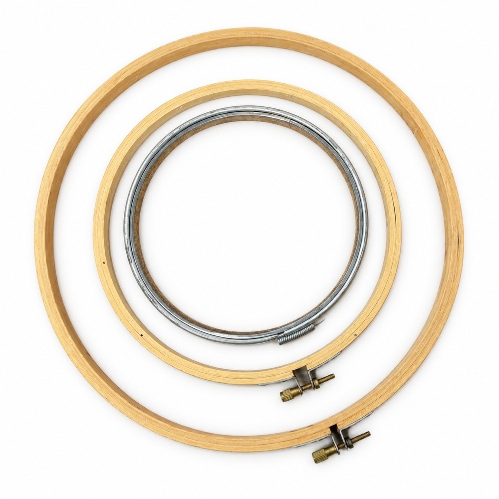 Vintage Embroidery Hoops Lot of 3 German Wood & Cork-Lined Metal 6" 7" 10"